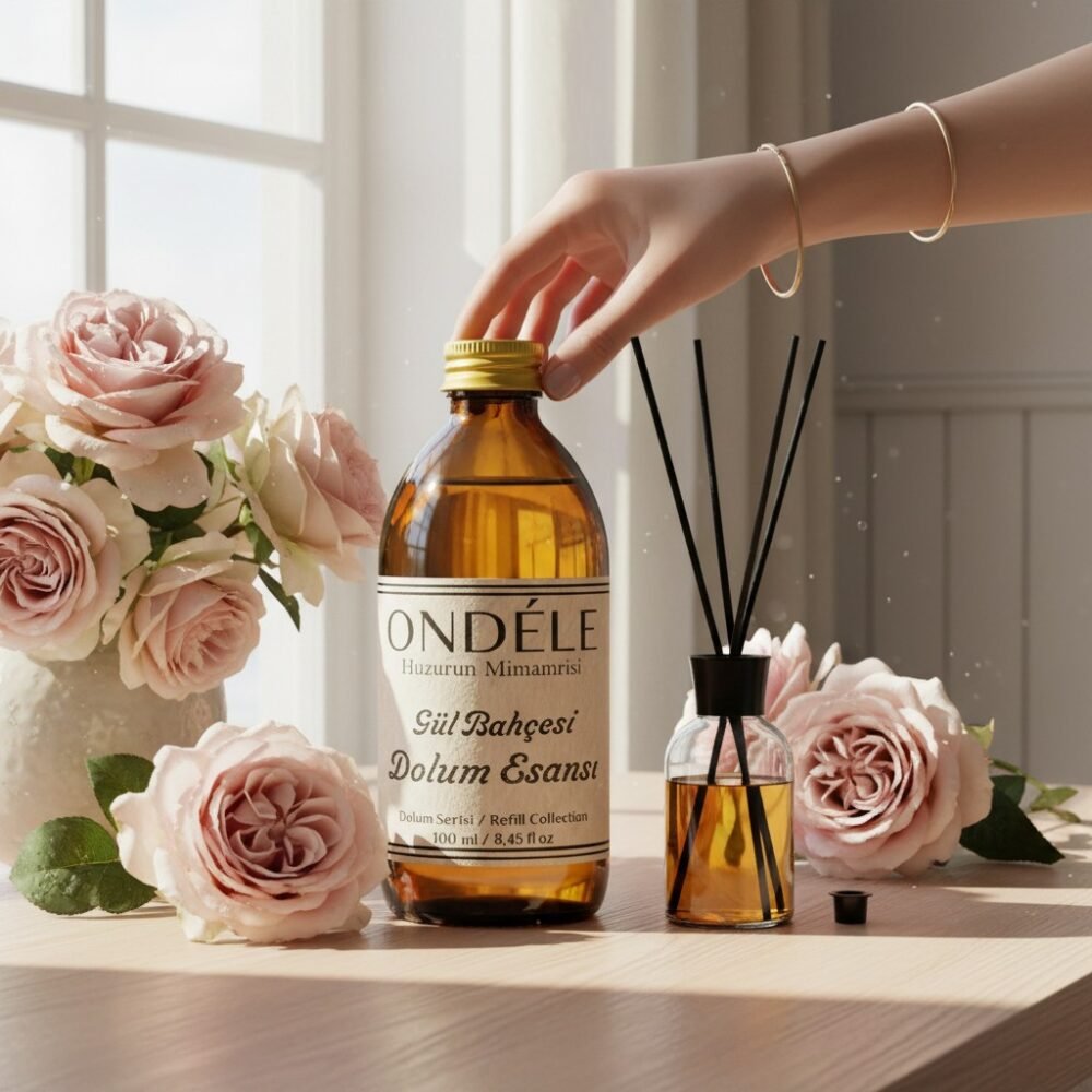 dolumesan1s (Ürün Sahneleme) (1) ONDÉLE Gül Bahçesi Hazır Yedek Esans (250ml - 1000ml) | %40 Yüksek Konsantrasyon | +50ml Hediye Şişe ve Bambu Çubuk Seti - Görsel 1