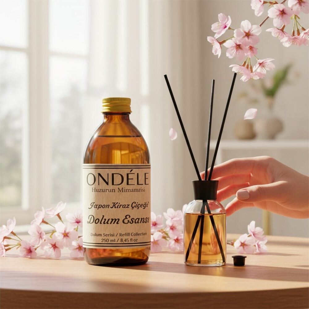 dolumesan21s (Ürün Sahneleme) (1) ONDÉLE Japon Kiraz Çiçeği Hazır Yedek Esans (250ml - 1000ml) | %40 Yüksek Konsantrasyon | +50ml Hediye Şişe ve Bambu Çubuk Seti - Görsel 1