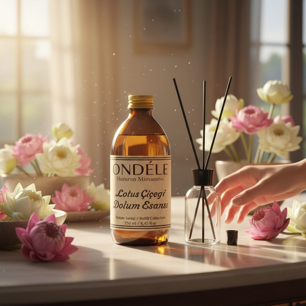 lotus (Ürün Sahneleme) (1) ONDÉLE Lotus Hazır Yedek Esans (250ml - 1000ml) | %40 Yüksek Konsantrasyon | +50ml Hediye Şişe ve Bambu Çubuk Seti - Görsel 1