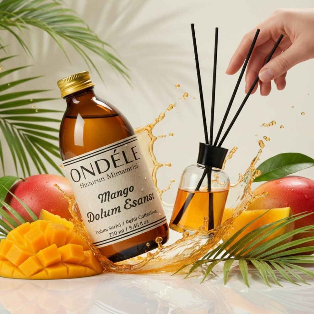 mango (Ürün Sahneleme) ONDÉLE Mango Hazır Yedek Esans (250ml - 1000ml) | %40 Yüksek Konsantrasyon | +50ml Hediye Şişe ve Bambu Çubuk Seti - Görsel 1